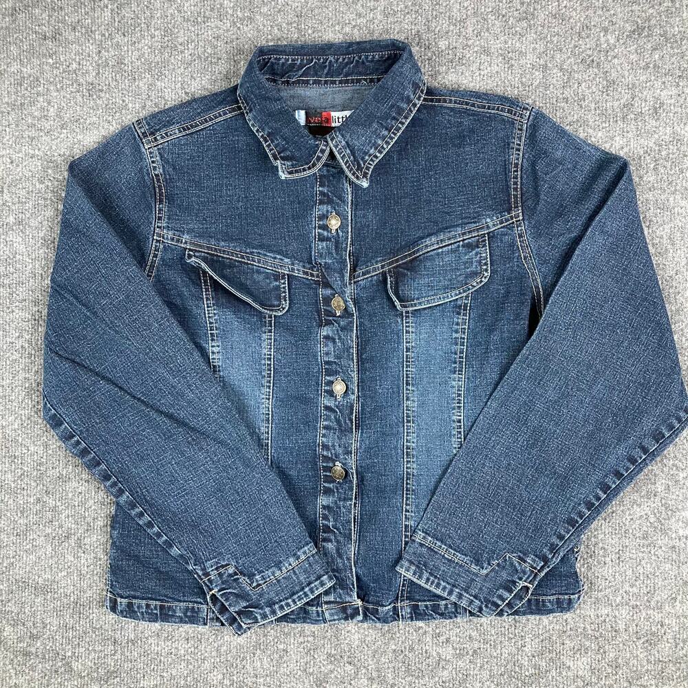 Live‎ A Little Jean Jacket Womens Size PL Blue Stretch Denim Button Up Casual